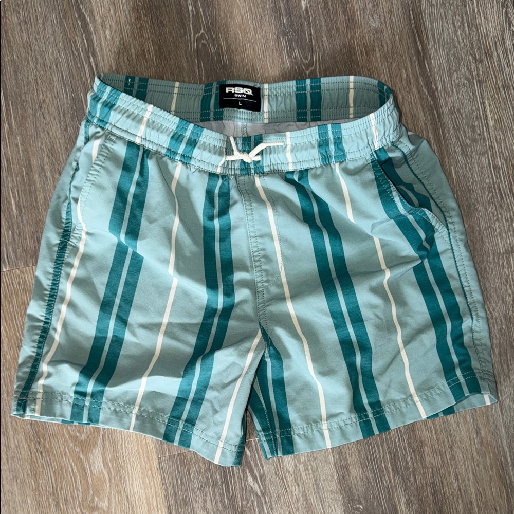 RSQ Boys Aqua Teal and White Striped Swim Trunks